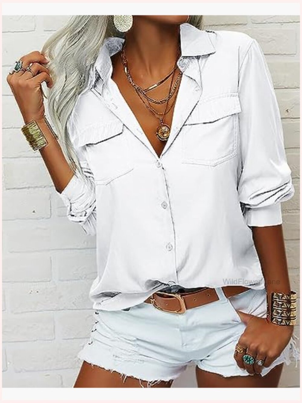 Women's Long Sleeve V-Neck Button Down Blouse Casual Office Work Top - Picture 2 of 5